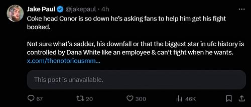 A screenshot of Jake Paul's deleted tweet