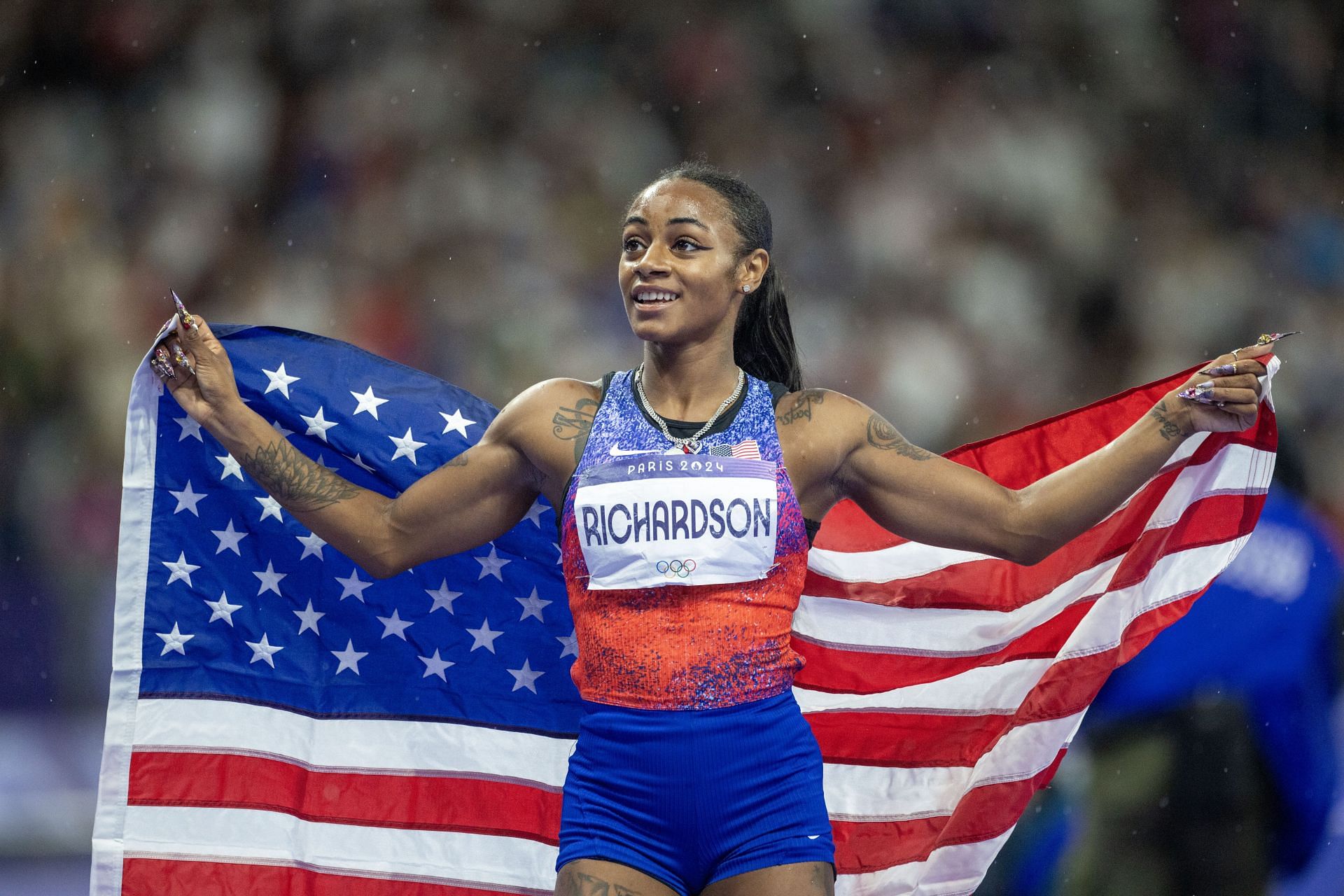 Sha&#039;carri Richardson of the United States celebrates her silver medal win in the Women&#039;s 100m Final during the 2024 Summer Olympic Games in Paris, France. (Photo via Getty Images)