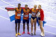 Team Netherlands celebrate their mixed 4×400m relay gold medal at the 2024 Paris Olympics (Source: Getty)