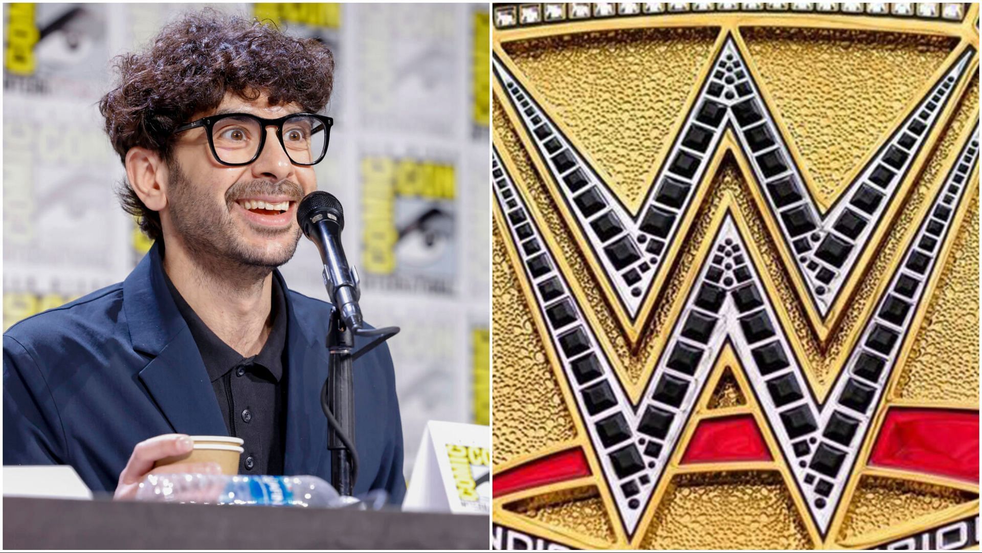 AEW President Tony Khan at Comic-Con, the WWE championship plate on display