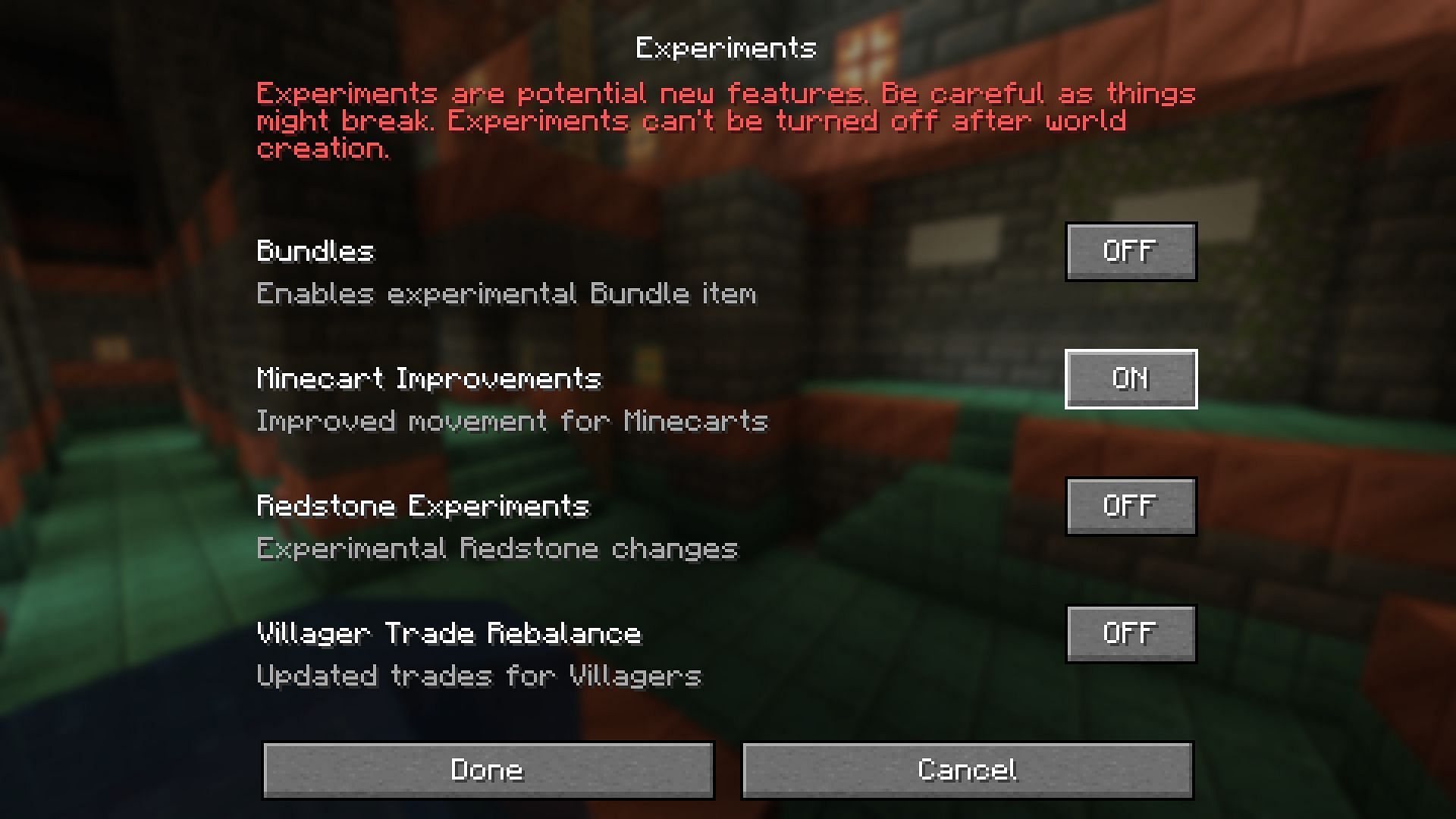 The location of the minecart experimental toggle (Image via Mojang)