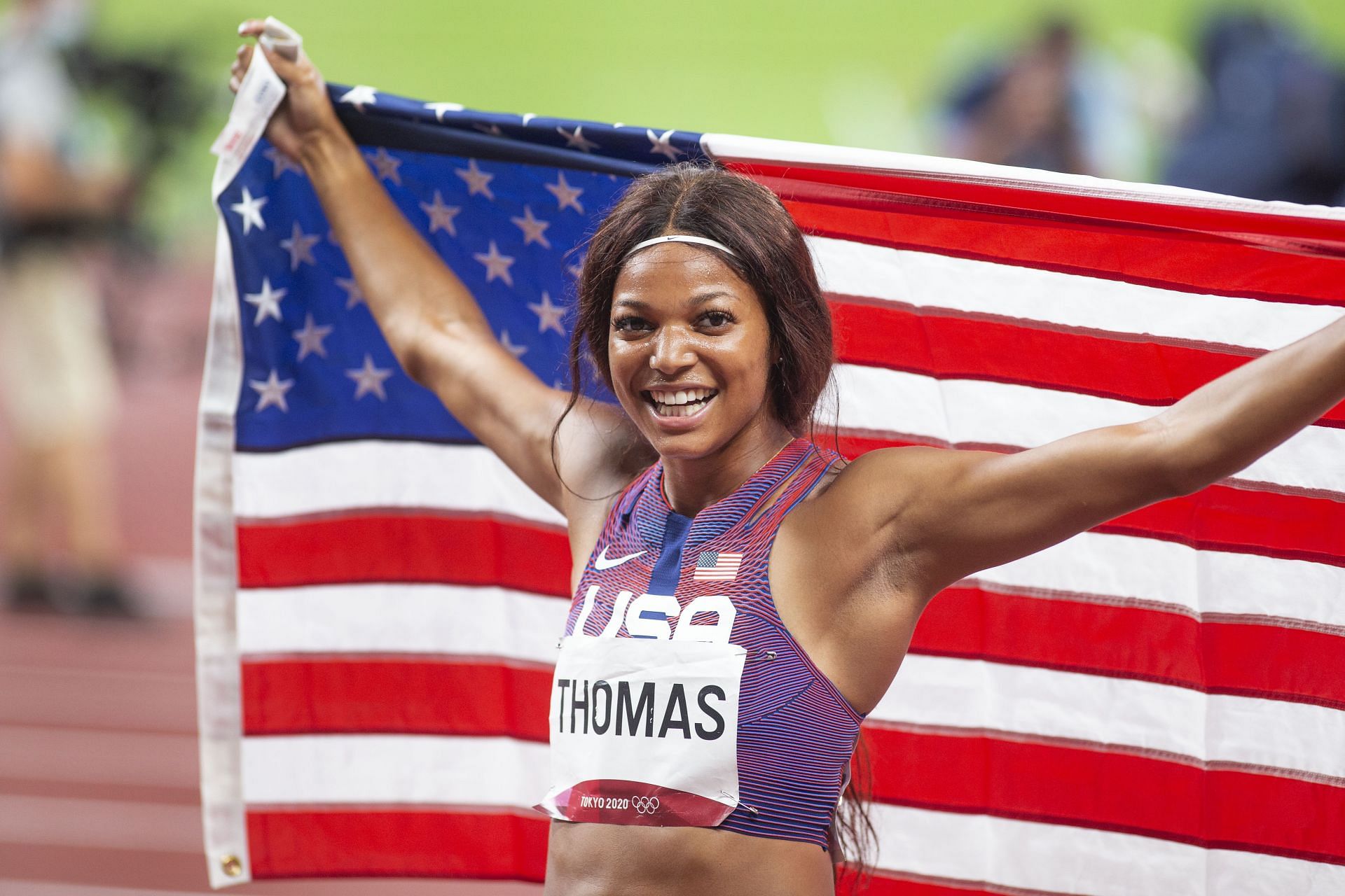 Gabrielle Thomas celebrates after winning the bronze medal in the 200m Final at the Tokyo 2020 Summer Olympic Games on August 3rd, 2021. (Photo by Tim Clayton/Corbis via Getty Images)