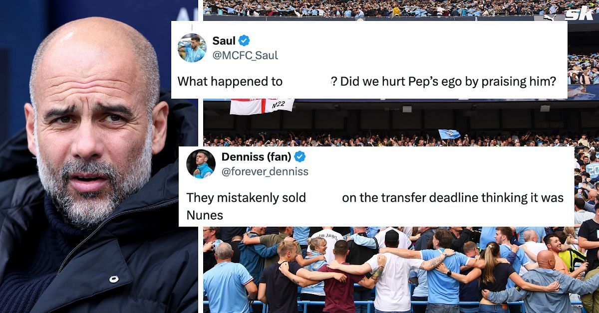 Pep Guardiola and Manchester City fans (Image via Getty and X - @MCFC_Saul and @forever_denniss)