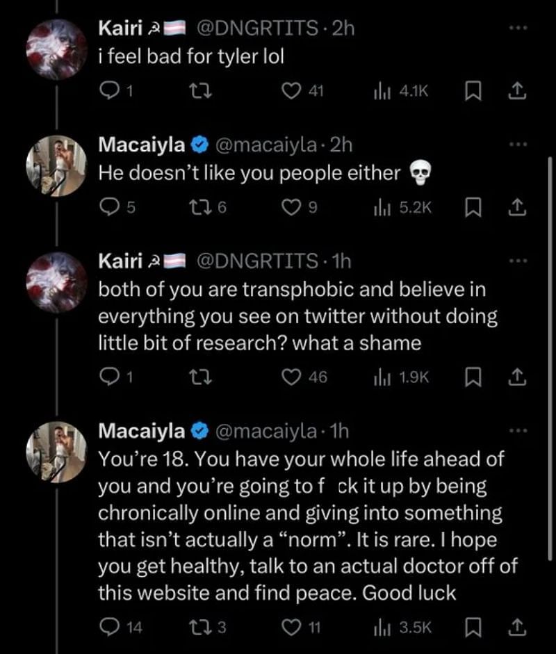 Macaiyla insinuated that Tyler1 doesn&#039;t like the transgender community in a deleted post (Image via r/YouTubeDrama)