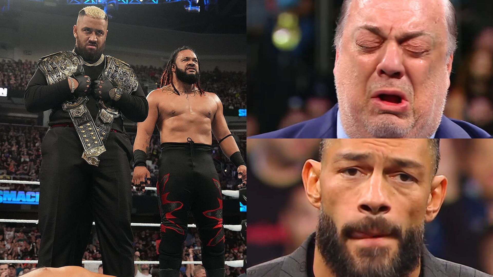 Solo Sikoa, Jacob Fatu, Paul Heyman, and Roman Reigns.