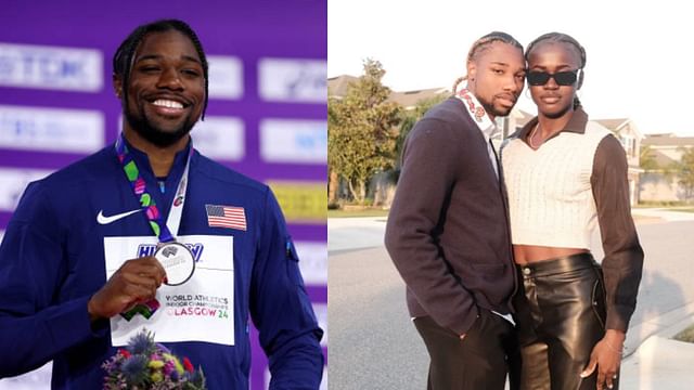 Noah Lyles at the 2024 World Athletics Indoor Championships (Left - Image via Getty) and Noah Lyles and Junelle Bromfield (Right - Image via Instagram/ Image via Instagram/junellebromfiled)