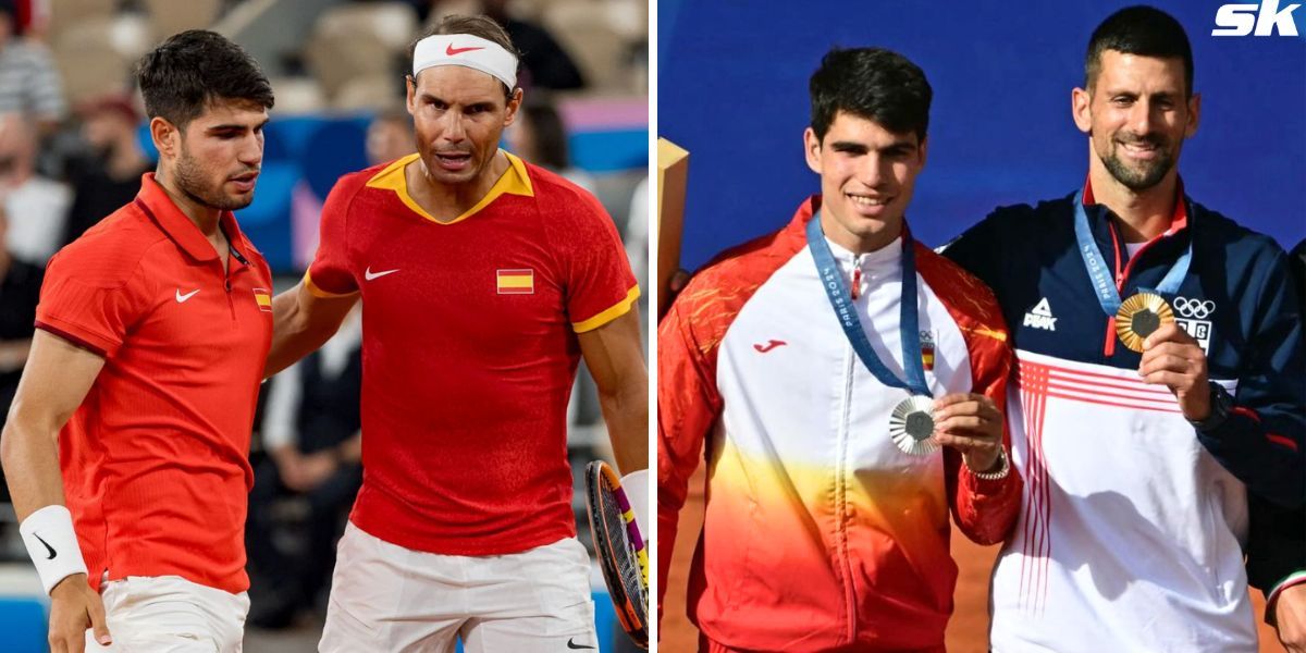 Rafael Nadal consoles Carlos Alcaraz after his loss to Novak Djokovic in Paris Olympics final (Source: Getty (L); Carlos Alcaraz on Instagram)