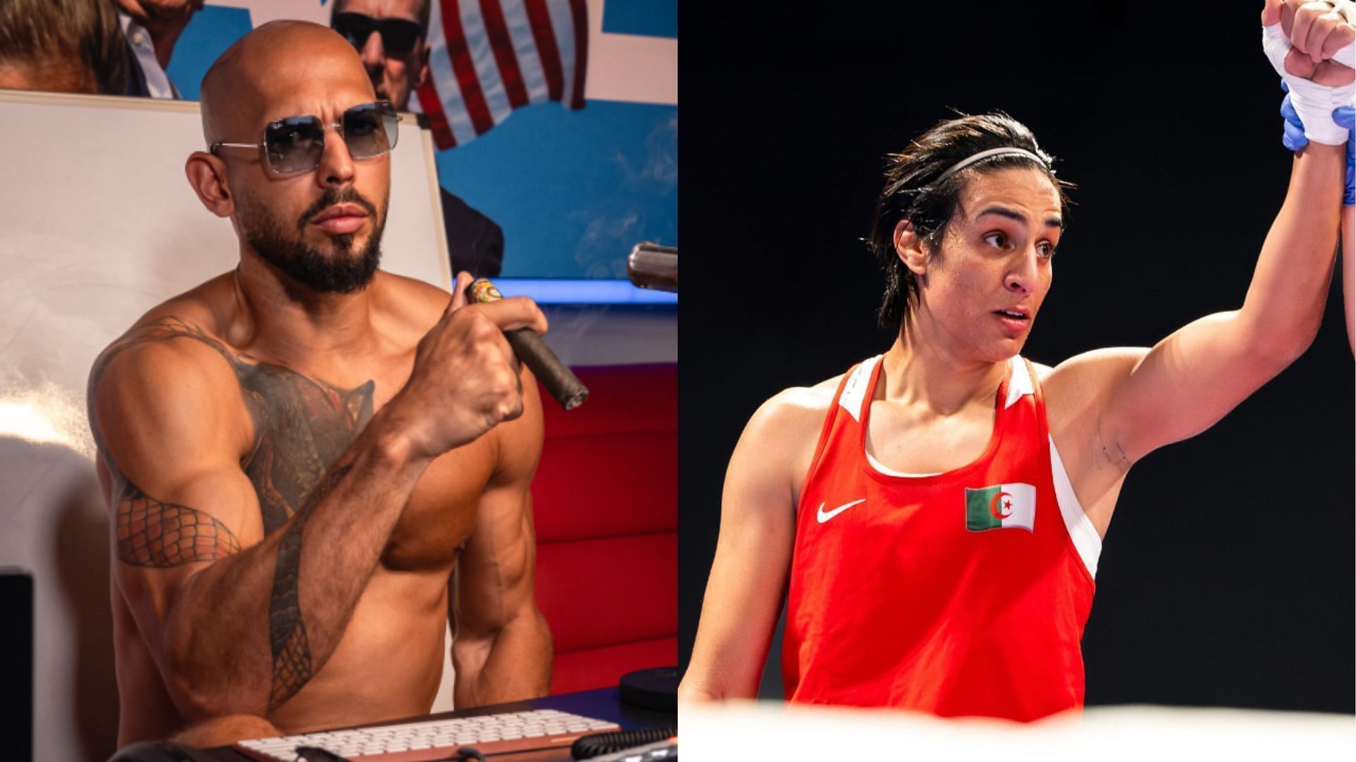 Andrew Tate (left) wants to enter Olympics as a female boxer to face Imane Khelif (right) [Images courtesy of @cobratate on X &amp; @imane_khelif_10 on Instagram]