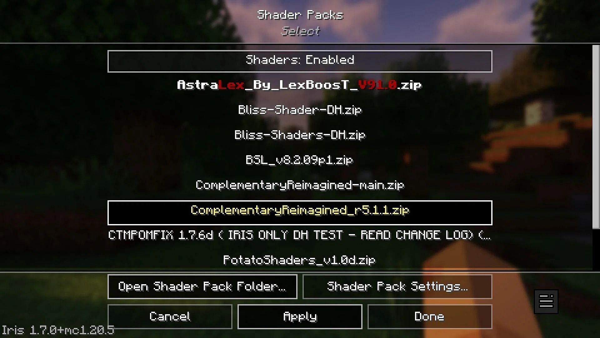 Activating the shaders for the game (Image via Mojang Studios)