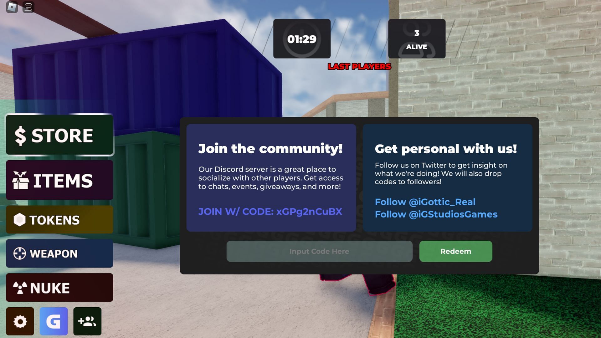 Redeem codes on this screen in No Scope Arcade (Image via Roblox)