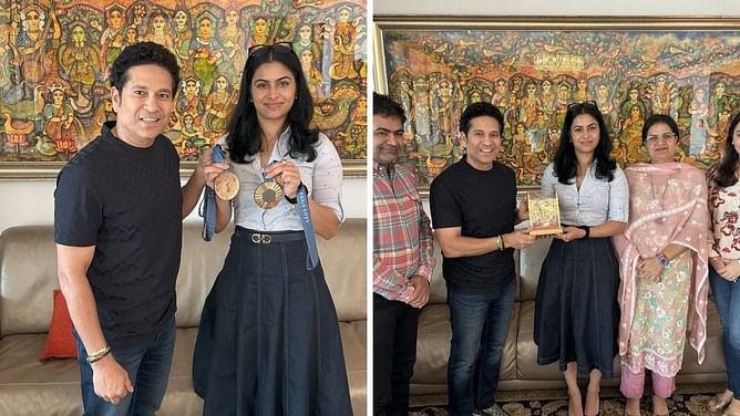 क्रिकेट के भगवान से मिलीं मनु भाकर, तस्वीरें शेयर कर लिखी खास बात