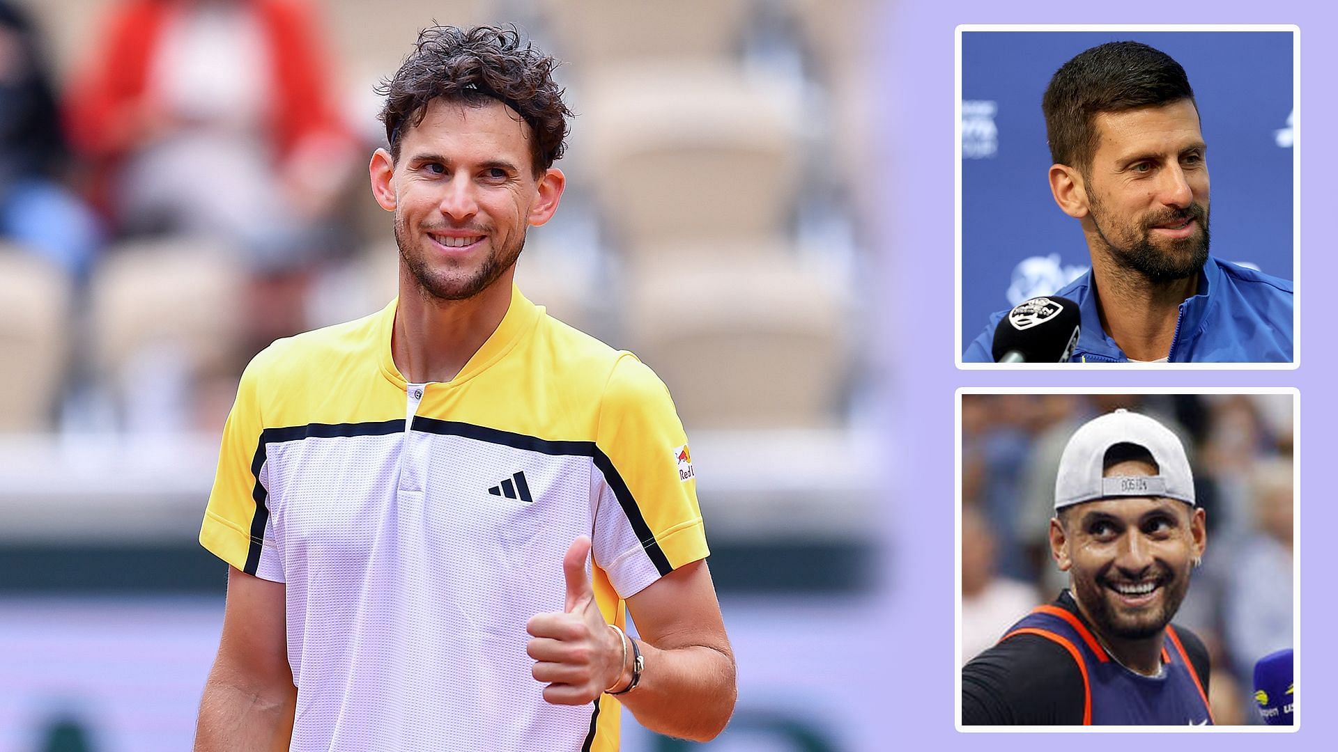 Dominic Thiem (L), Novak Djokovic (upper-right) &amp; Nick Kyrgios (down-right) [Image Source: Getty Images]