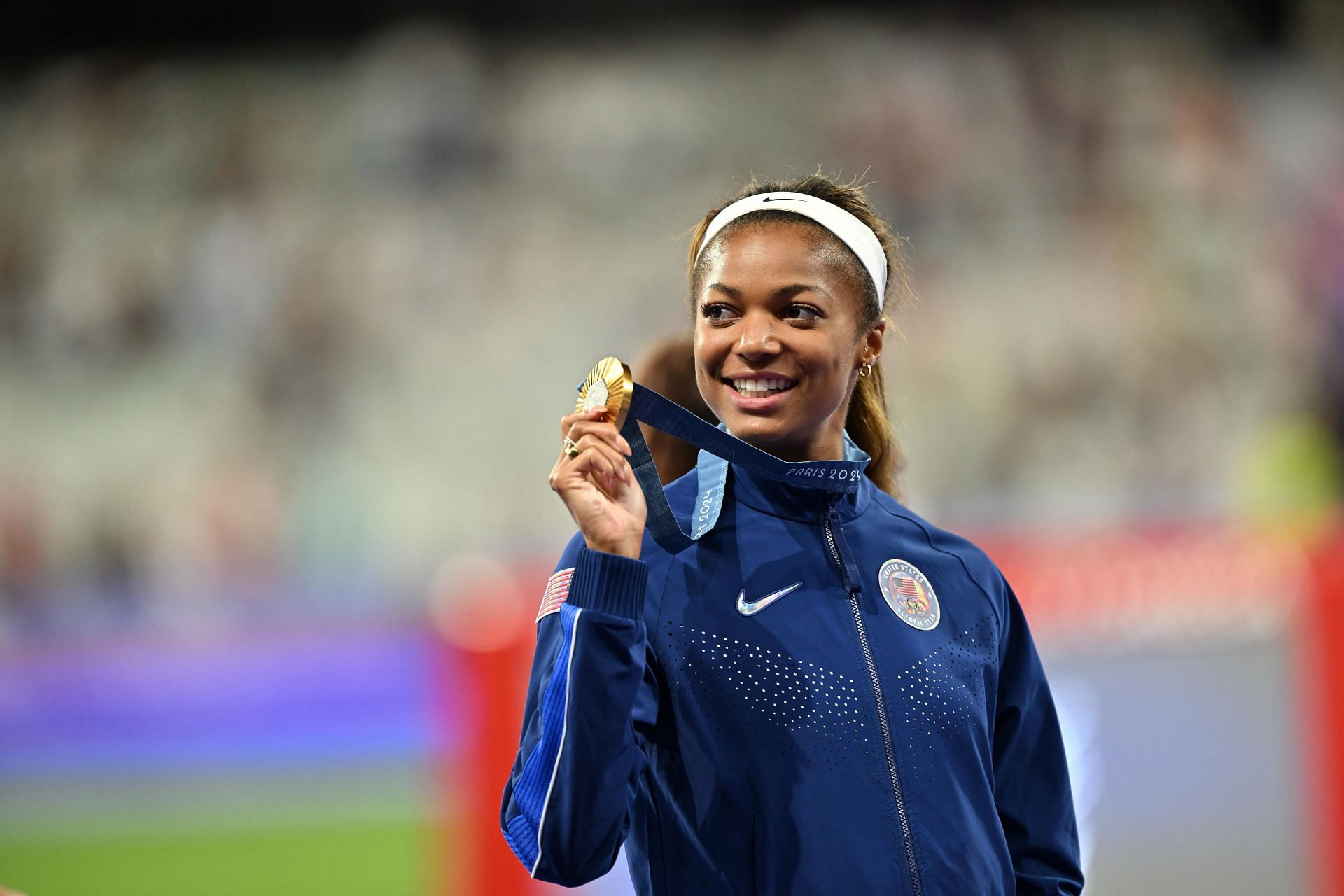 Gabby Thomas celebrates winning the gold medal after competing in the Women&#039;s 4x100m Relay Final at the Olympic Games 2024 in Paris, France. (Photo via Getty Images)