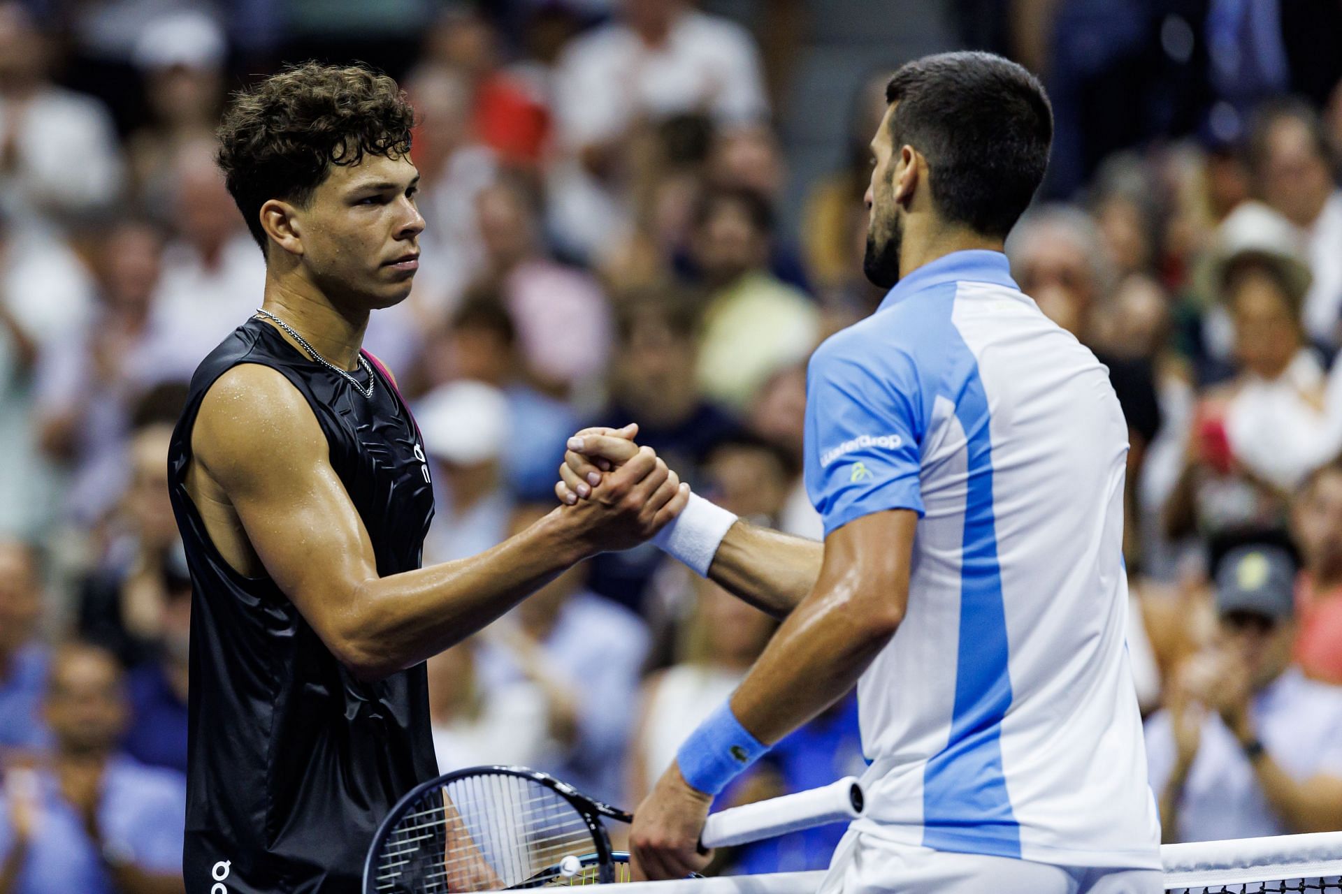 Ben Shelton (L) and Novak Djokovic at the 2023 US Open (Source: Getty)