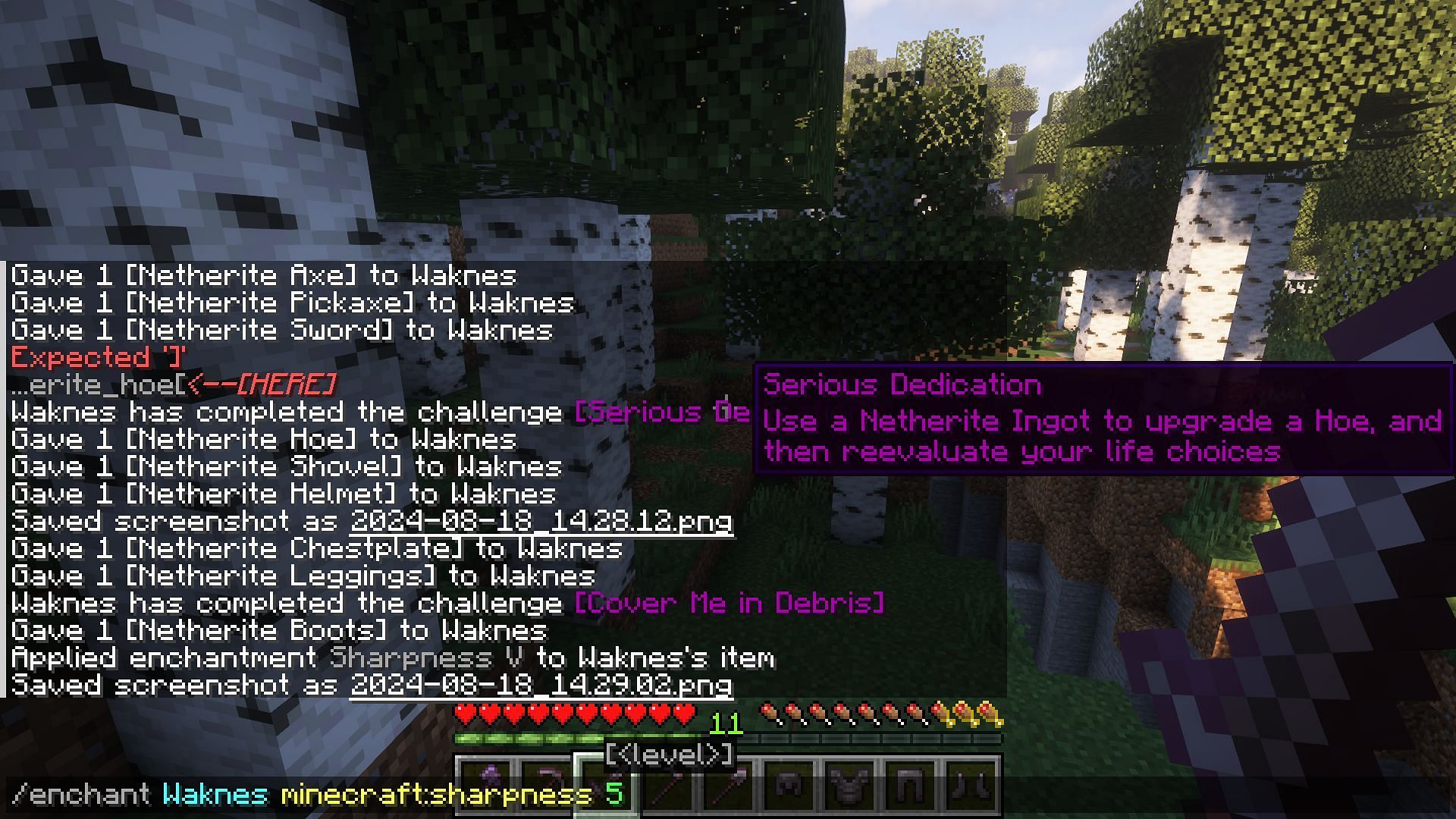 Using commands to enchant a held sword (Image via Mojang)