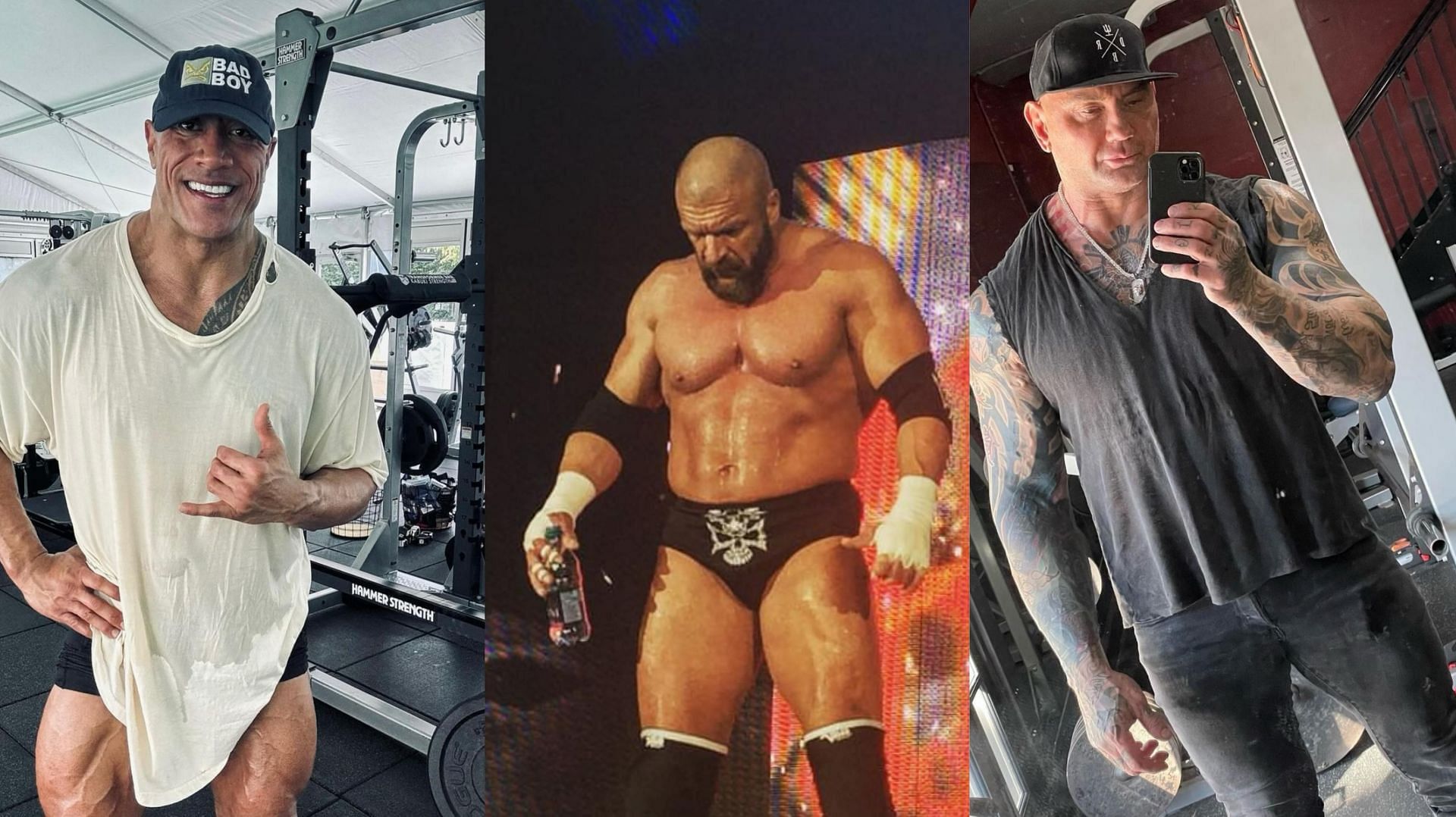 WWE stars who appeared at Mr Olympia (image source: @therock, @tripleh and @davebautista on Instagram)