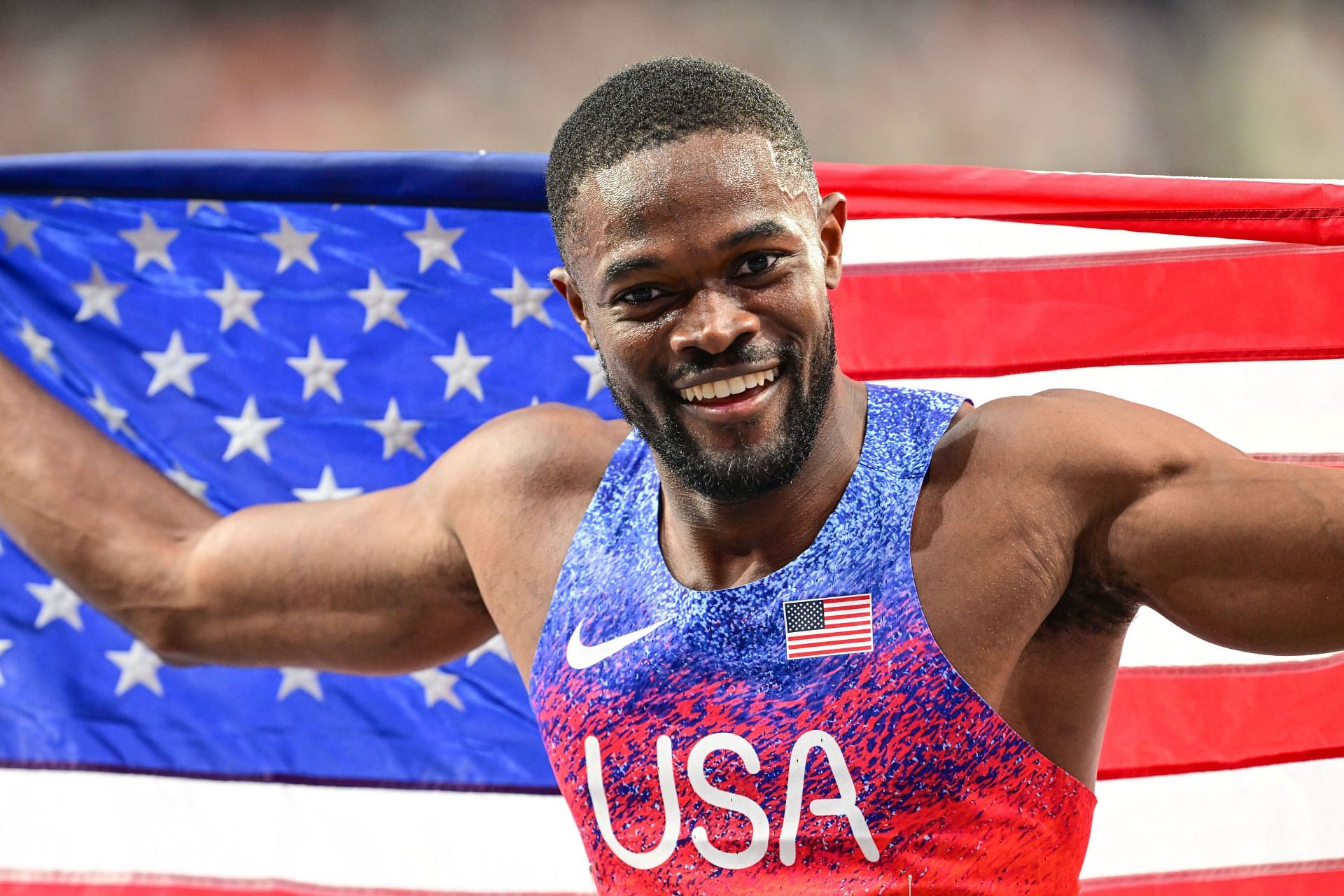 Rai Benjamin of the USA celebrates after winning in the Men&#039;s 400m Hurdles during the Olympic Games 2024 in Paris, France. (Photo via Getty Images)