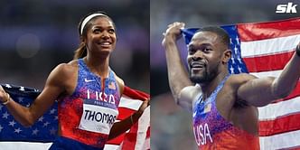 Gabby Thomas reacts to an old picture with Rai Benjamin from 2019 New Balance Indoor Grand Prix after both win gold medals at Paris Olympics