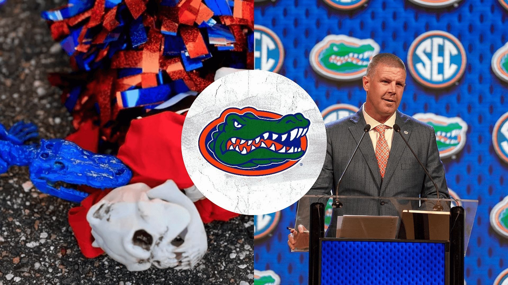 Billy Napier (right), Florida logo (center) and the Gators