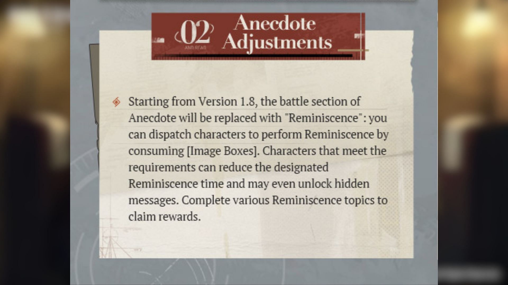 Bluepoch will replace the battle section of Anecdote with Reminiscence. (Image via Bluepoch)