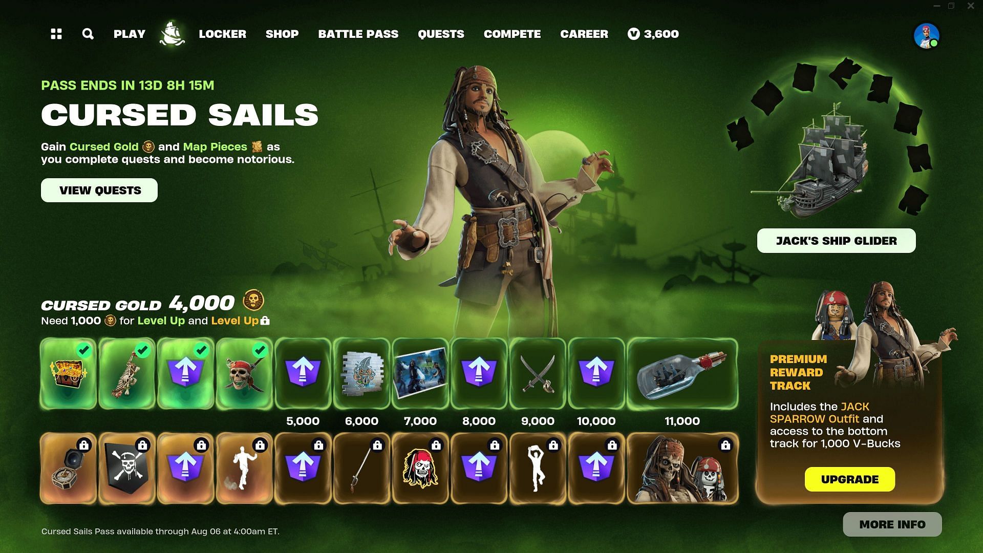 Complete the Cursed Sails Quests and pass to unlock exclusive rewards (Image via Epic Games)