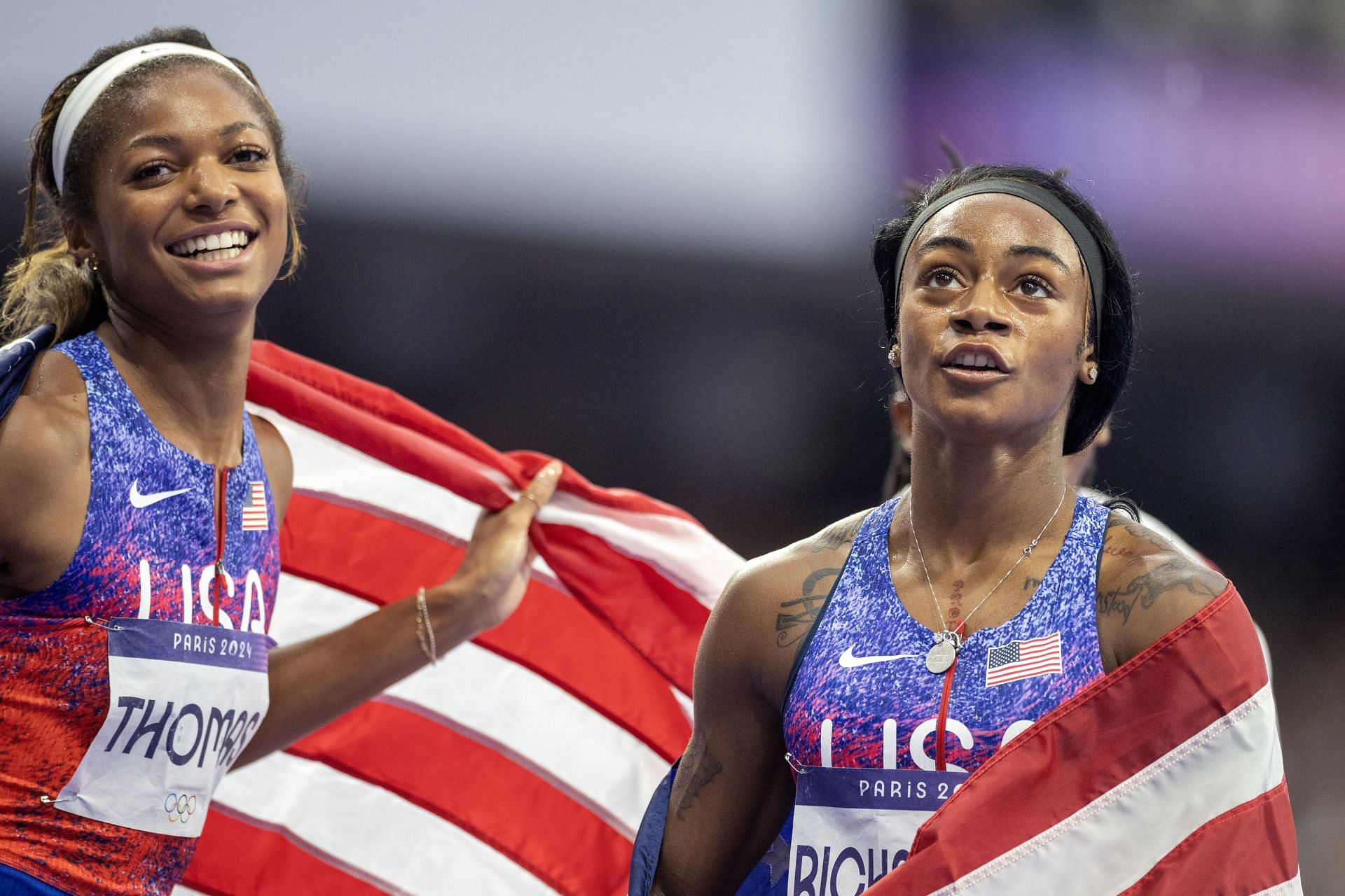 Gabby Thomas (L) and Sha&#039;carri Richardson at the 2024 Paris Olympics - Getty Images