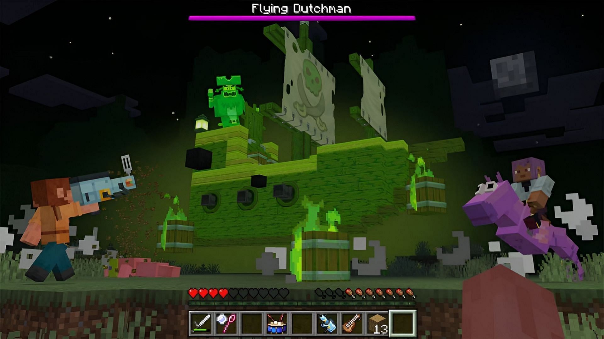 Players battle the Flying Dutchman in the SpongeBob add-on for Minecraft Bedrock (Image via Mojang)