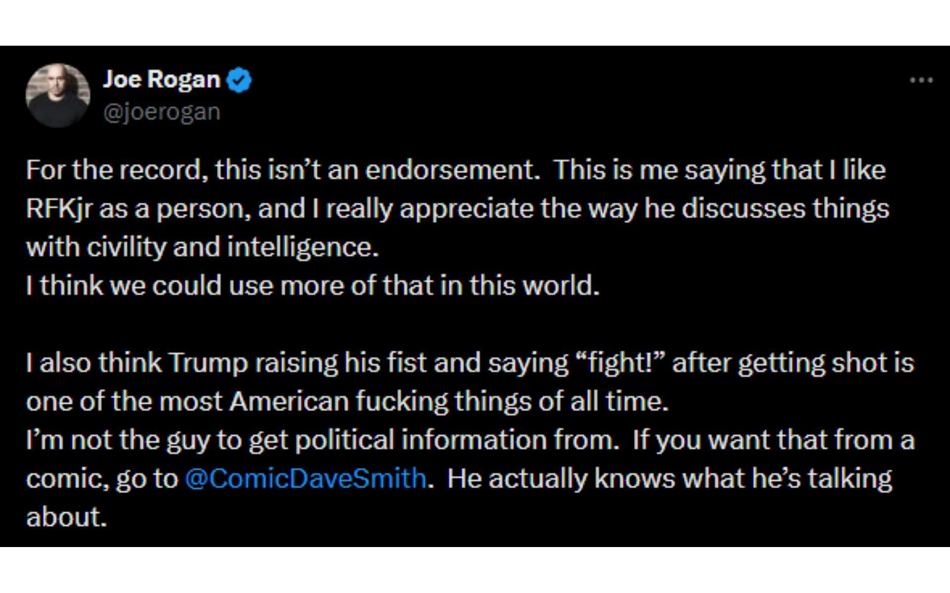 Rogan&#039;s tweet clarifying his comments about Kennedy Jr. [Image courtesy: @joerogan - X]