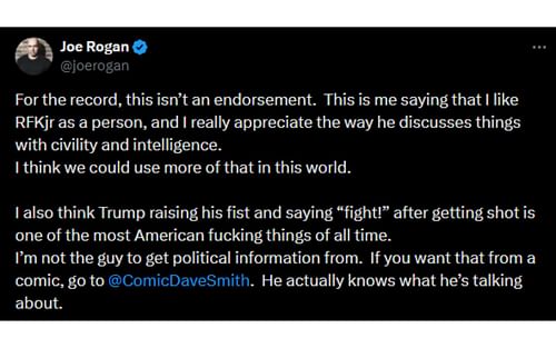 Rogan's tweet clarifying his comments about Kennedy Jr. [Image courtesy: @joerogan - X]