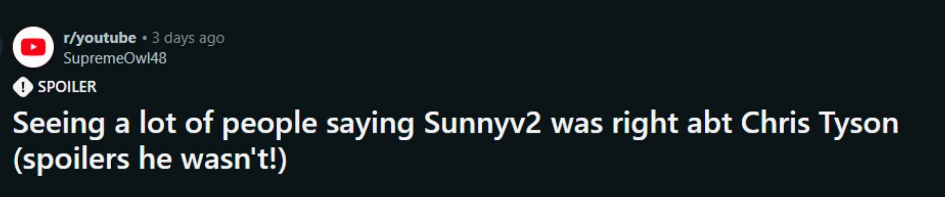 A Reddit post discussing SunnyV2&#039;s video in the current landscape (Image via r/YouTube/Reddit)