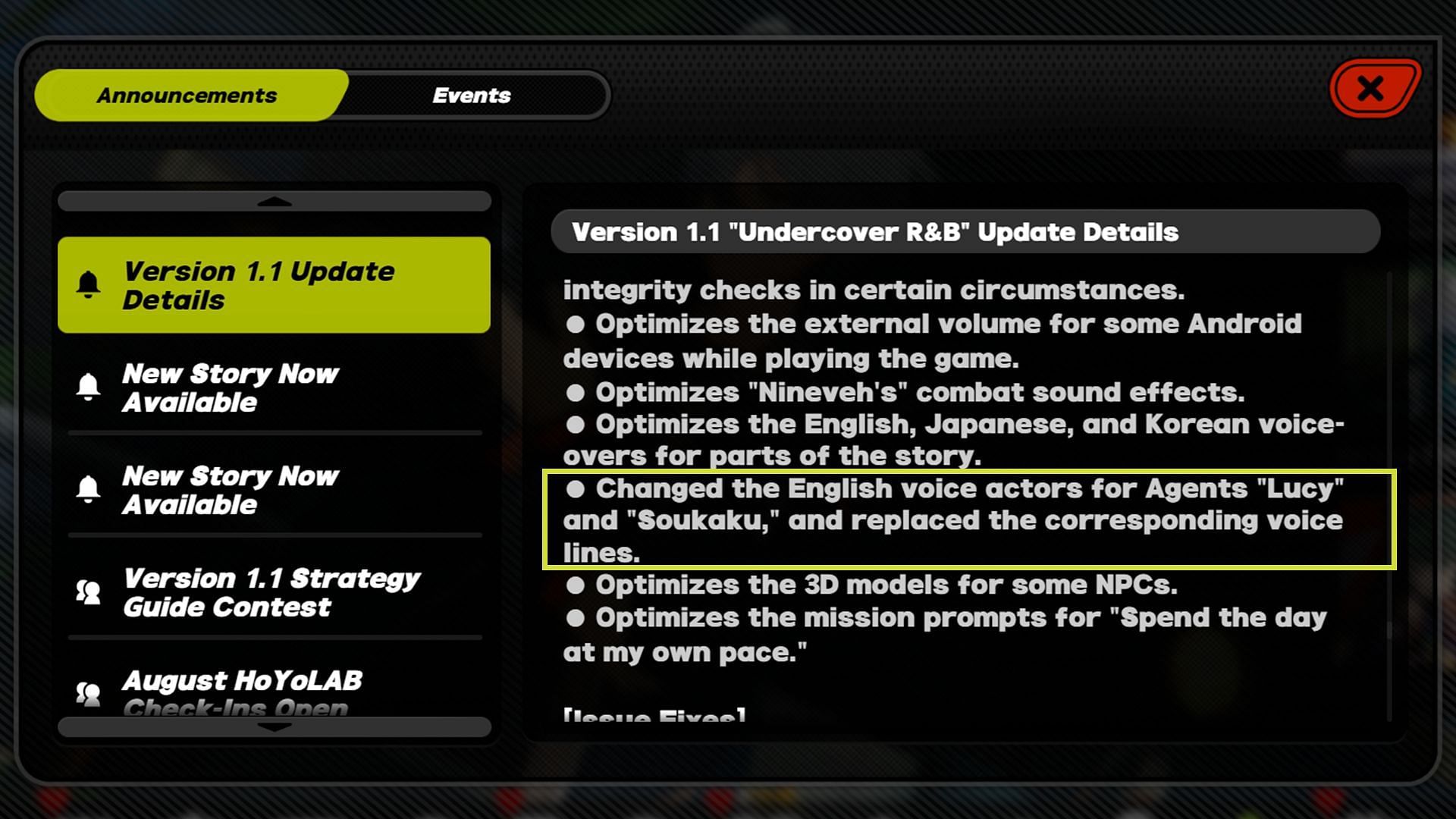 The 1.1 version update details mention the voice actor replacements (Image via HoYoverse)