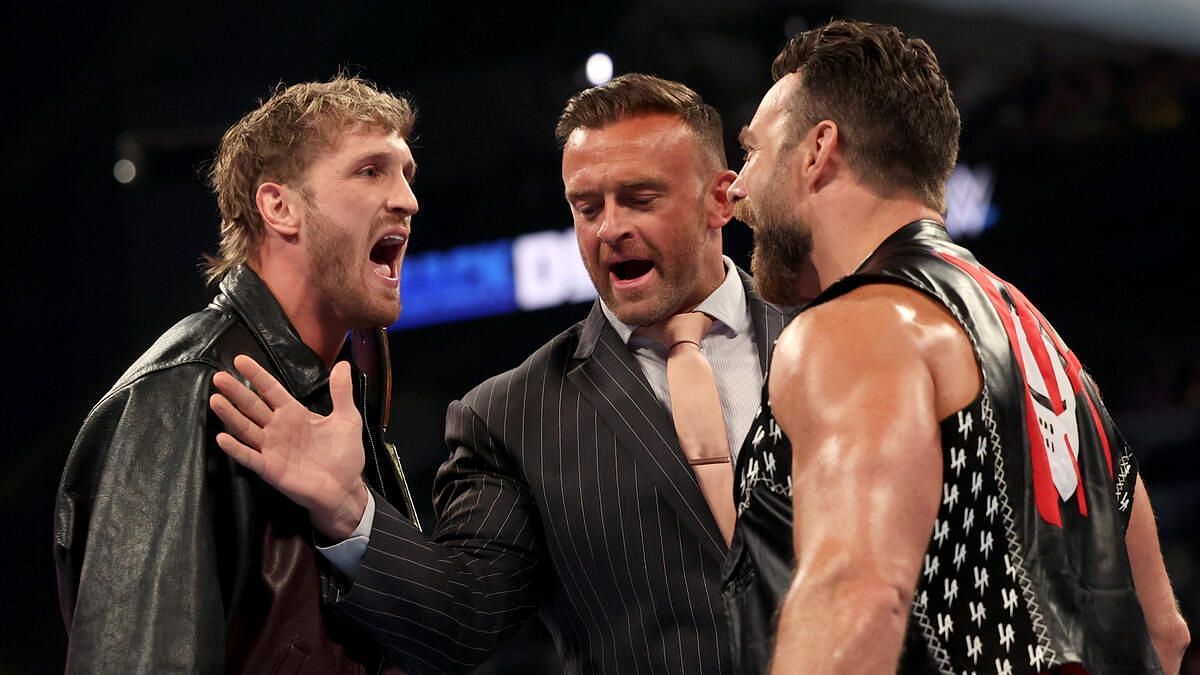 Left to right: Logan Paul, Nick Aldis, LA Knight [Image Credit: wwe.com]