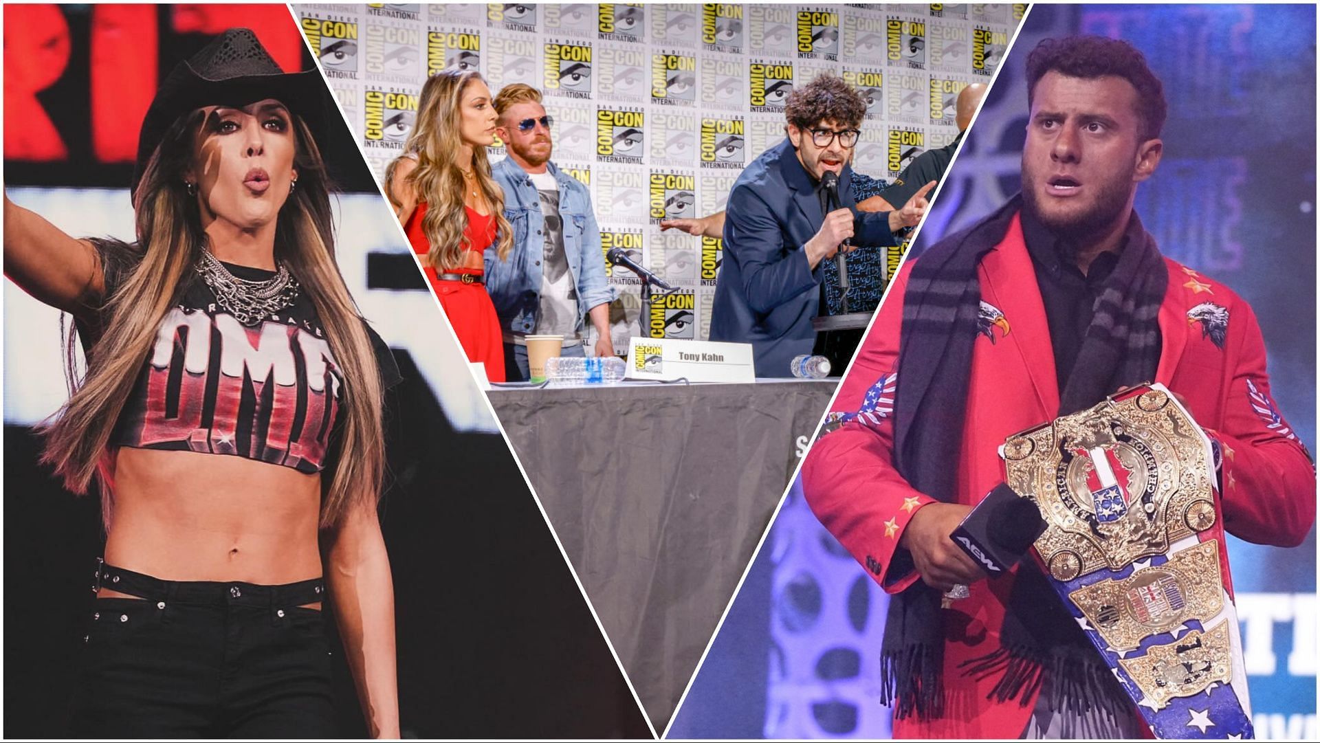 Britt Baker and MJF on AEW Dynamite, Baker and Tony Khan at Comic-Con