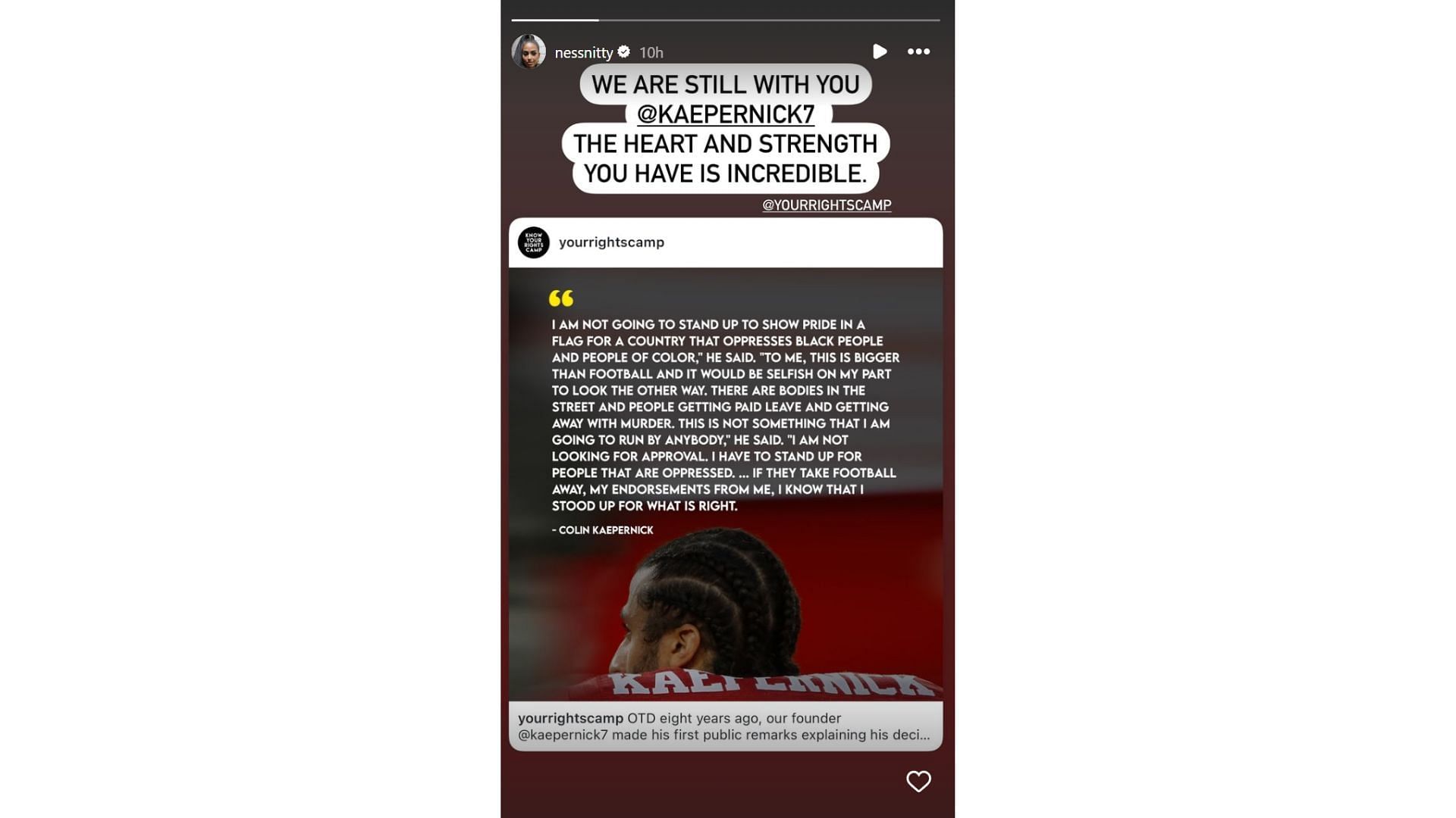 Colin Kaepernick&#039;s wife Nessa backs ex-QB on Instagram [Image credit: @nessnitty IG]