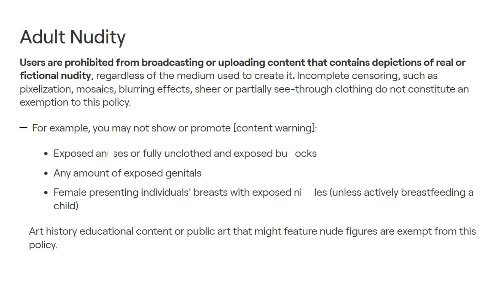 The Adult Nudity policy as per Twitch&#039;s official website (Image via safety.twitch.tv)