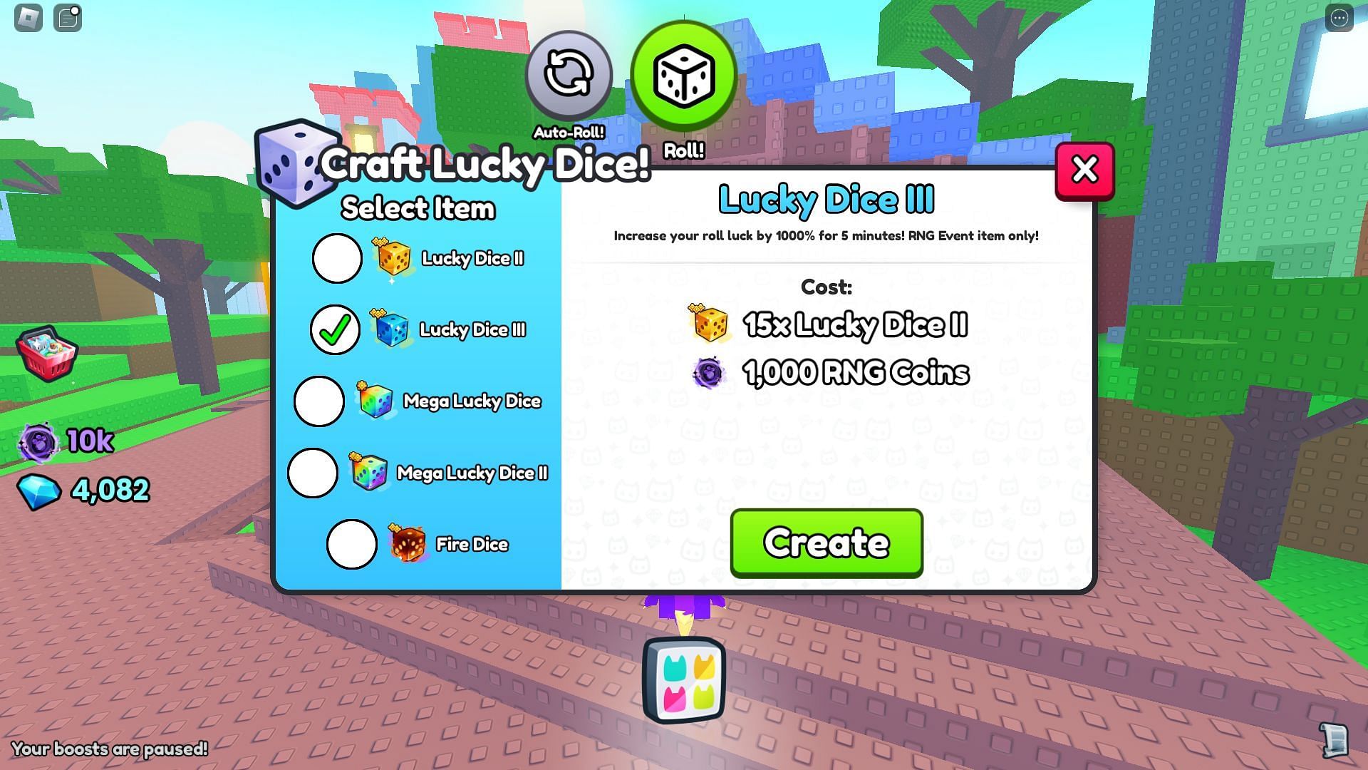 Crafting a Lucky Dice III (Image via Roblox)