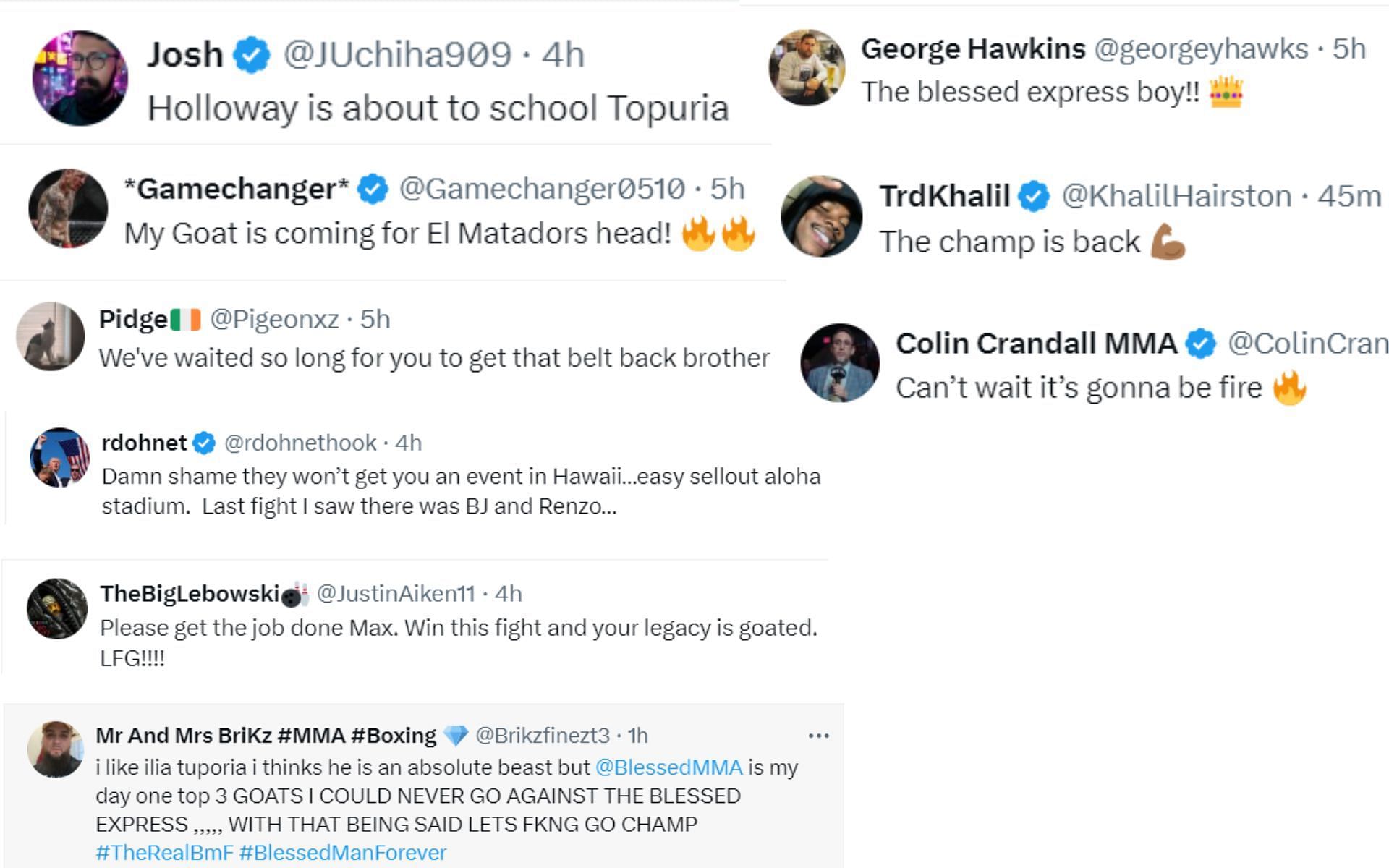 Screenshot of fan reactions to Max Holloway&#039;s post on X