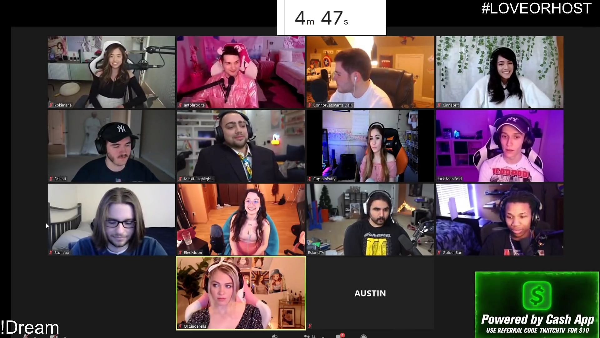 Cinna, Mizkif, Pokimane, Jschlatt, and QTCinderella were some of the names present during a 2021 broadcast of The Austin Show (Image via The Austin Show/YouTube)