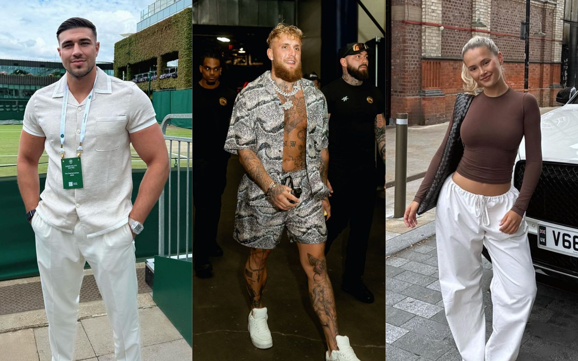 Jake Paul (center) calls Tommy Fury (left) a &quot;dumb a**&quot; for allegedly cheating on Molly-Mae Hague (right). [Images courtesy: @jakepaul, @tommyfury, @mollymae on Instagram]