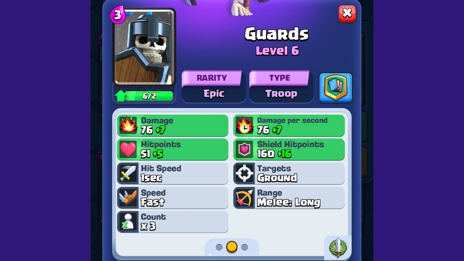 Stats of The Guards card in Clash Royale (Image via Supercell)