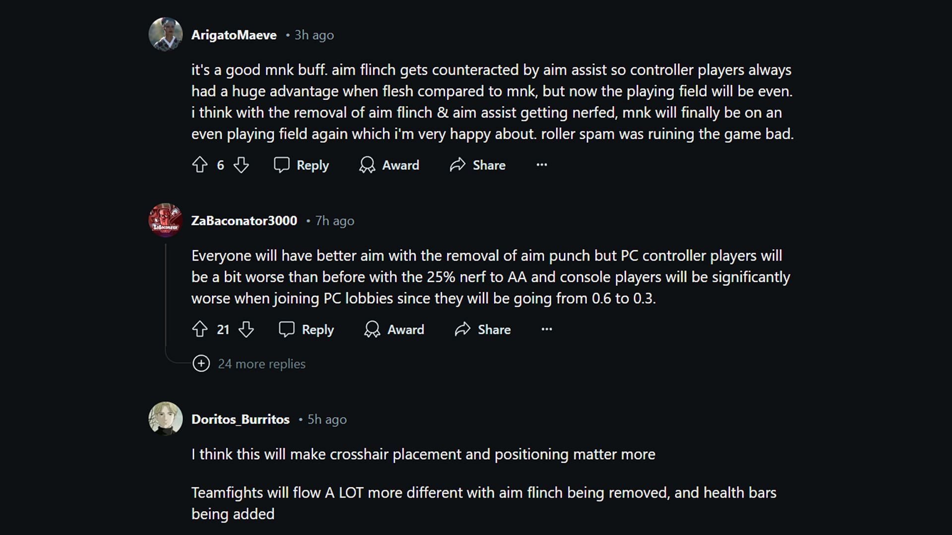 Apex players discuss the additional aim assist nerf with aim flinch removal in Season 22 (Image via Reddit)