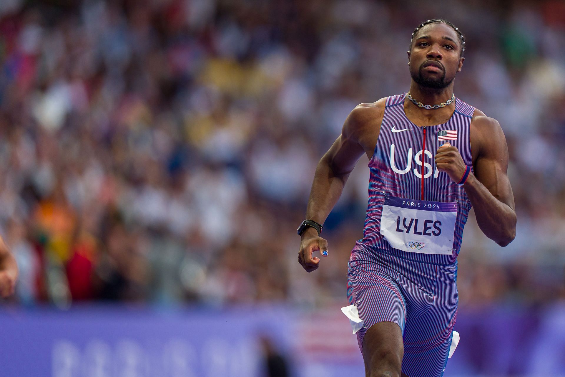 Noah Lyles looks on during the Men&#039;s 100m Semi-Final during the Olympic Games 2024 at Stade de France in Paris, France. (Photo by Getty Images)