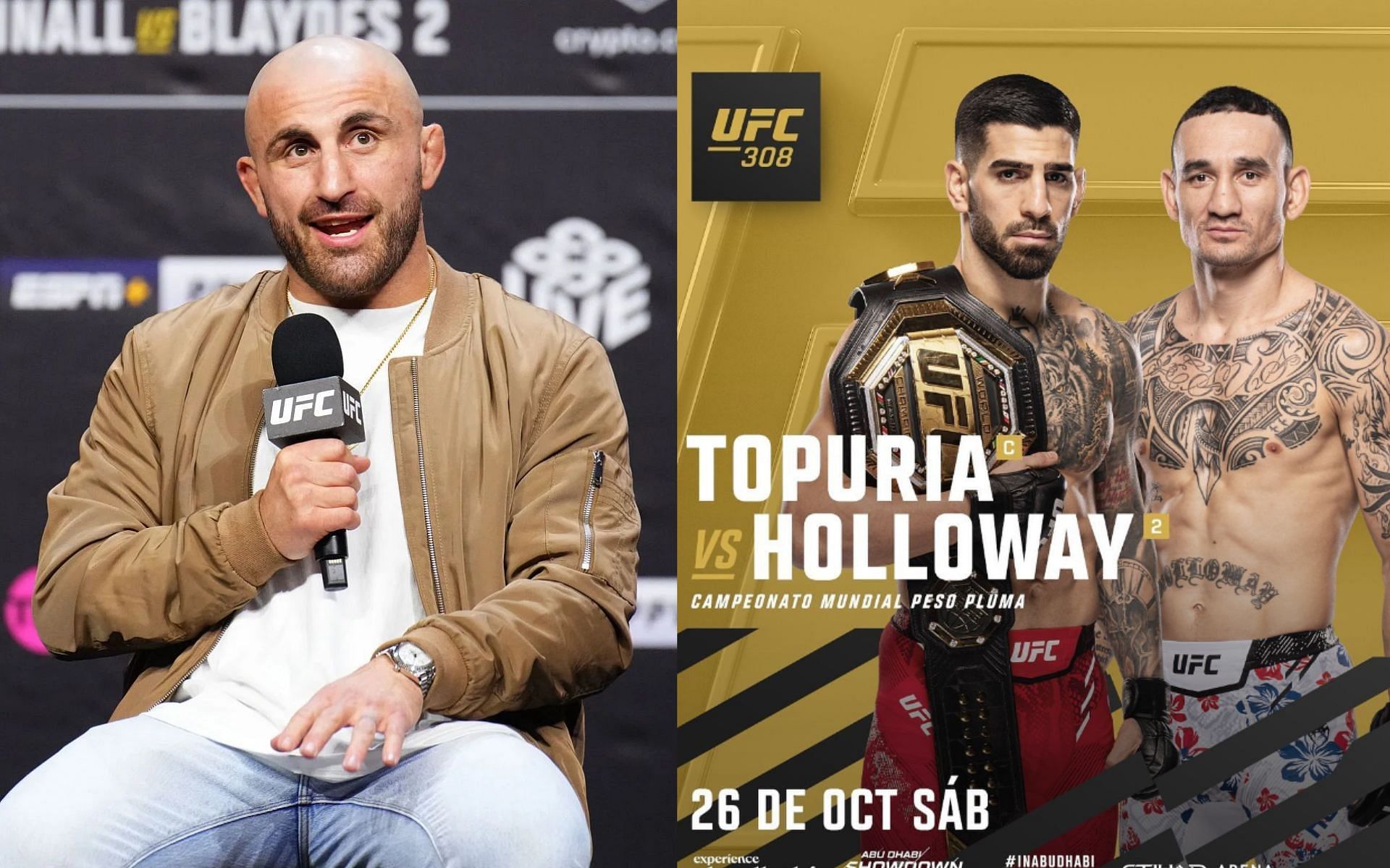 Alexander Volkanovski (letf) shares coy answer to being back-up fighter for Ilia Topuria vs. Max Holloway (right) at UFC 308 [Images courtesy: Getty Images, @iliatopuria on Instagram]