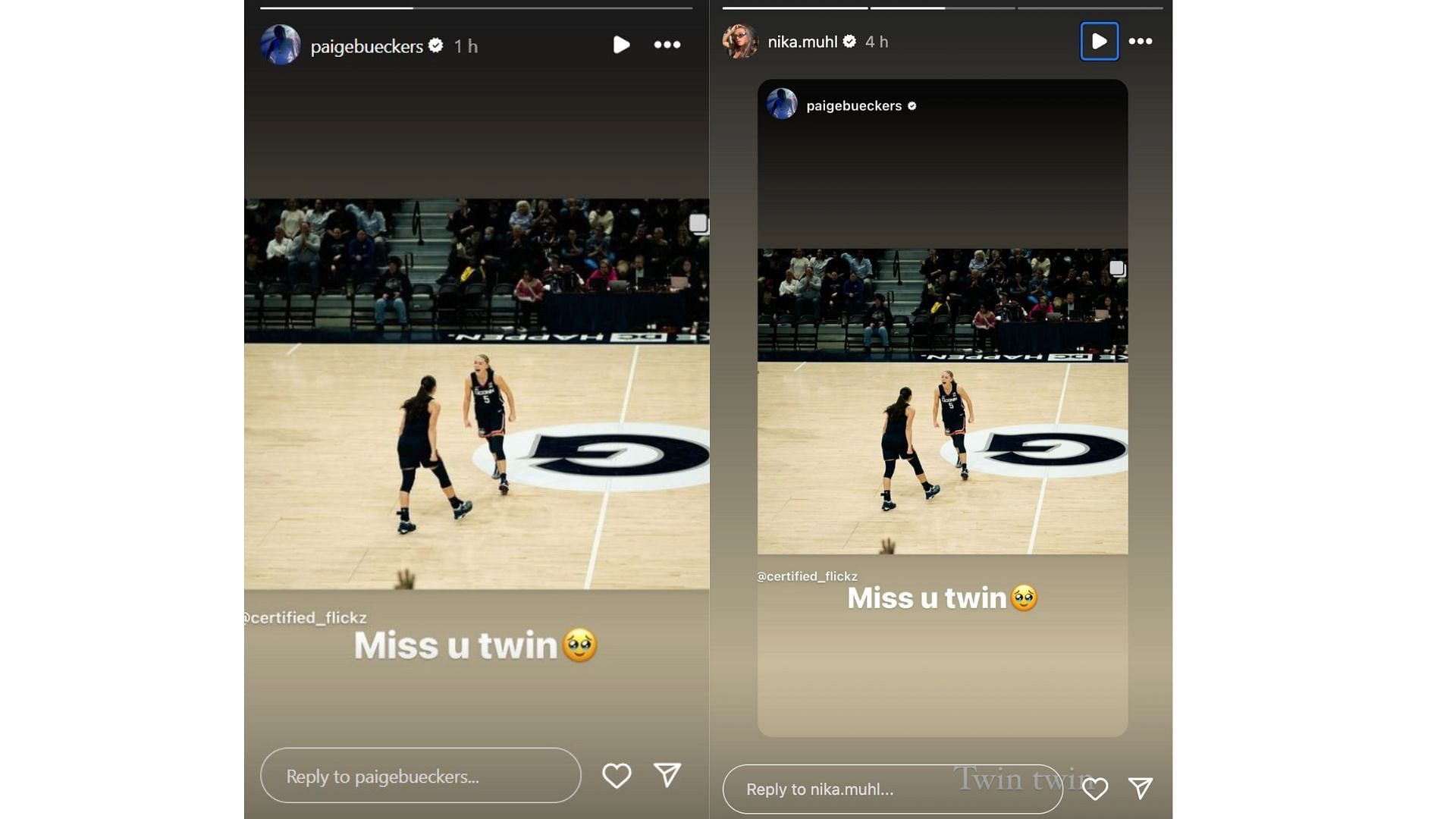 Paige Bueckers and Nika Muhl&#039;s reactions to each other (Instagram/@paigebueckers, @nika.muhl)