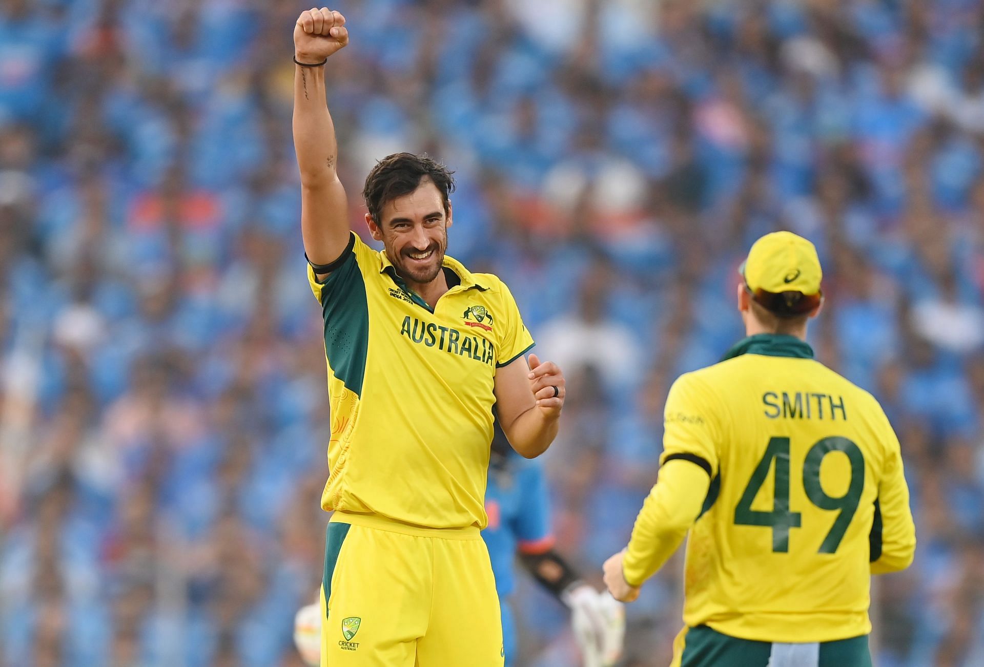 Mitchell Starc is ecstatic after claiming a wicket in the 2023 ODI World Cup. (Image Credits: Getty Images)