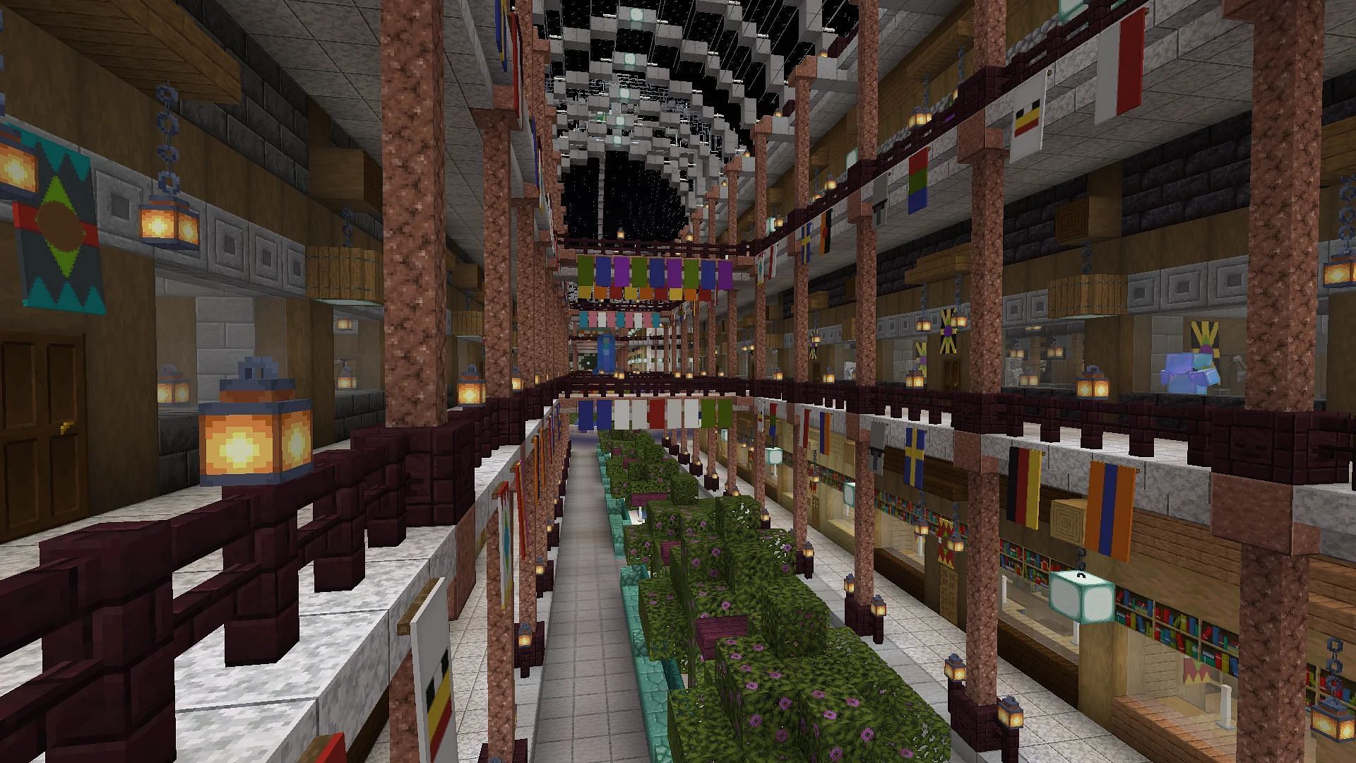 A Minecraft mall is a perfect theme for a large villager trading hall (Image via u/Cleaulem/Reddit)