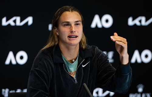 Aryna Sabalenka during a press conference at the 2023 Australian Open (Source: Getty)