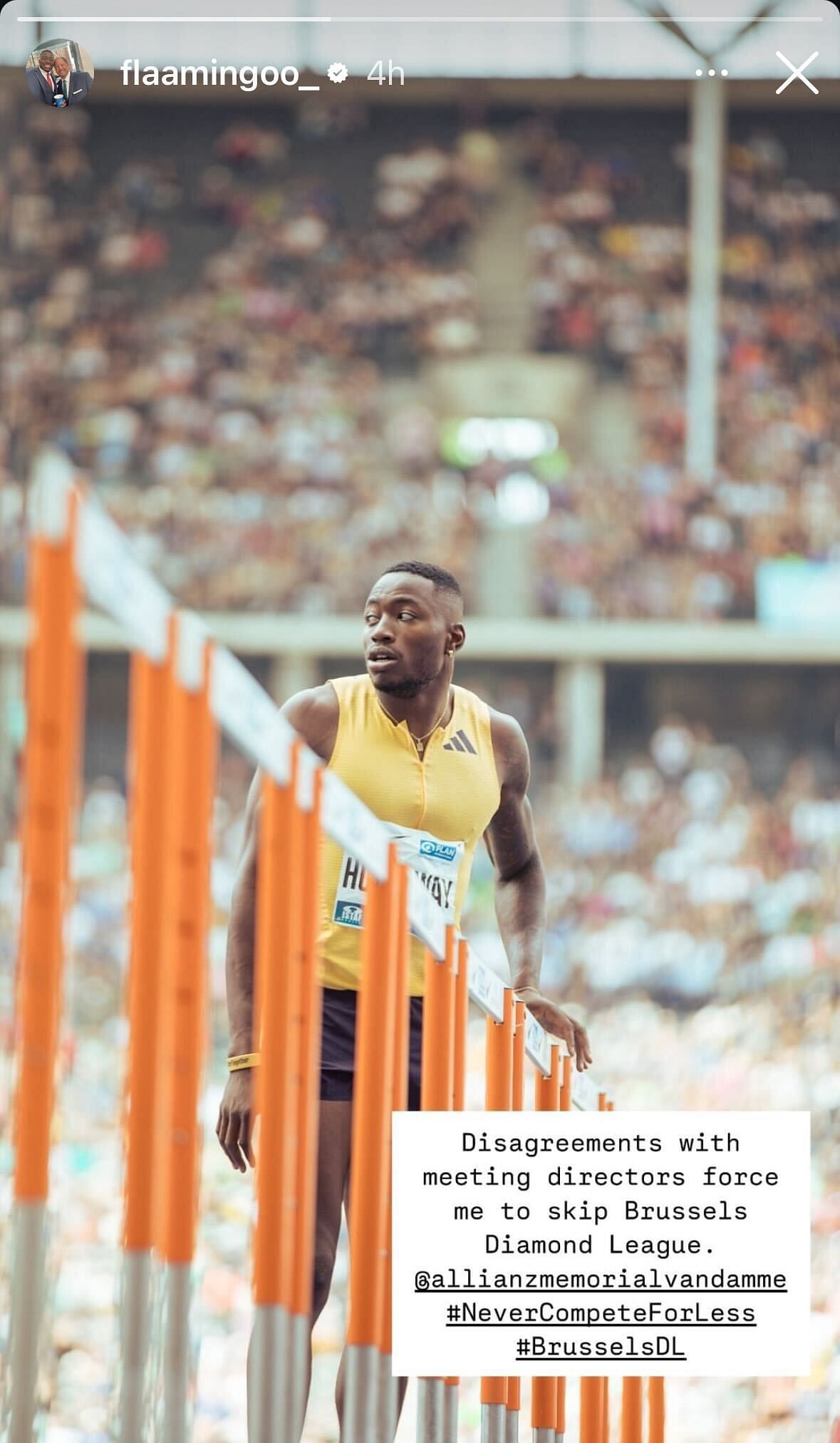 Grant Holloway&#039;s Instagram story about his unexpected exit from Diamond League finals [Image Source: Grant Holloway&#039;s Instagram]