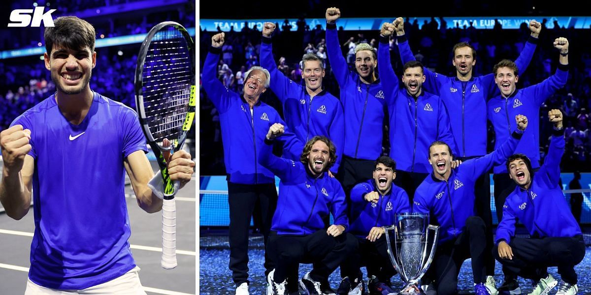 Carlos Alcaraz (L) &amp; Team Europe with the Laver Cup (R) [Image Source: Getty Images]