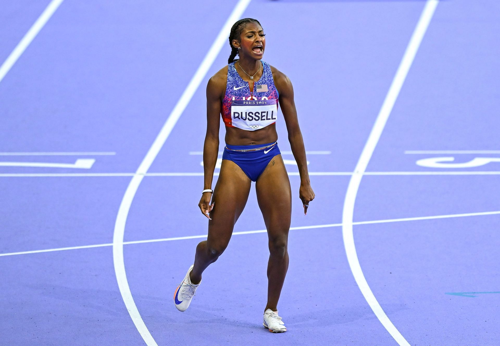 Masai Russell of the USA reacts after winning the women&#039;s 100m hurdles event at the Paris Olympics 2024 [Image Source: Getty]